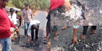 ಹೊನ್ನಾವರ: ಕೈಯಲ್ಲೇ ಕಿತ್ತು ಬರುತ್ತಿದೆ ‘ನಗರೆ ಕ್ರಾಸ್’ ಡಾಂಬಾರ್ ರಸ್ತೆ, ಸ್ಥಳೀಯರ ಛೀಮಾರಿ