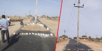 ಇಂತಹ ರಸ್ತೆ ಕಾಮಗಾರಿಯನ್ನು ನೀವು ನೋಡಿರುವುದಿಲ್ಲ: ರಸ್ತೆ ಮಧ್ಯದಲ್ಲೇ ವಿದ್ಯುತ್ ಕಂಬ