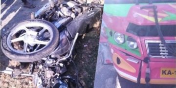 ಹೊಳೆಹೊನ್ನೂರು ಬಳಿ ಬಸ್-ಬೈಕ್ ನಡುವೆ ಭೀಕರ ಅಪಘಾತ: ಗರ್ಭಿಣಿ ಸೇರಿ ಮೂವರ ಧಾರುಣ ಸಾವು