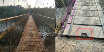 ದುಸ್ಥಿತಿಯತ್ತ ತೀರ್ಥಹಳ್ಳಿ ತೂಗುಸೇತುವೆ, ನಿಷೇಧವಿದ್ದರೂ ವಾಹನ ಸಂಚಾರ, ಅಪಾಯಕ್ಕೂ ಮುನ್ನ ಎಚ್ಚೆತ್ತುಕೊಳ್ಳಿ