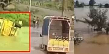 ದಾವಣಗೆರೆ: ಸೂಳೆಕೆರೆ ಬಳಿ ಭಾರೀ ಮಳೆಗೆ ಮುಳುಗಿದ ರಸ್ತೆ, ಲಾರಿ ಪಲ್ಟಿ