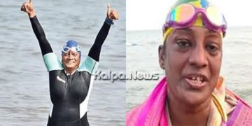 150 ಕಿಮೀ ಬಂಗಾಳಕೊಲ್ಲಿಯಲ್ಲಿ ಈಜಿ ದಾಖಲೆ ಬರೆದ ಕಾಕಿನಾಡದ 52 ವರ್ಷದ ಮಹಿಳೆ