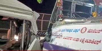 ಶಿವಮೊಗ್ಗ | ತುಂಗಾ ನದಿ ಸೇತುವೆ ಮೇಲೆ ಖಾಸಗಿ ಬಸ್-ಟಿಟಿ ಮುಖಾಮುಖಿ ಡಿಕ್ಕಿ