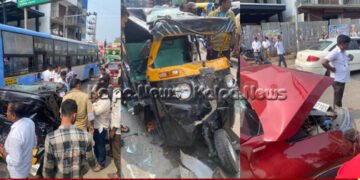 ಶಿವಮೊಗ್ಗದಲ್ಲಿ ಸರಣಿ ಅಪಘಾತ | ಕಾರು-ಬಸ್ ನಡುವೆ ಸಿಲುಕಿದ ಆಟೋ ನಜ್ಜುಗುಜ್ಜು | ಘಟನೆ ನಡೆದಿದ್ದು ಹೇಗೆ?