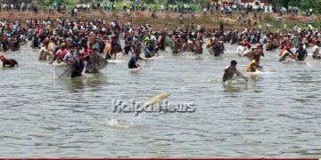 ಸೊರಬ | ಕುಪ್ಪಗಡ್ಡೆ ದೊಡ್ಡ ಕೆರೆಯಲ್ಲಿ ಭರ್ಜರಿ ಮೀನು ಬೇಟೆ
